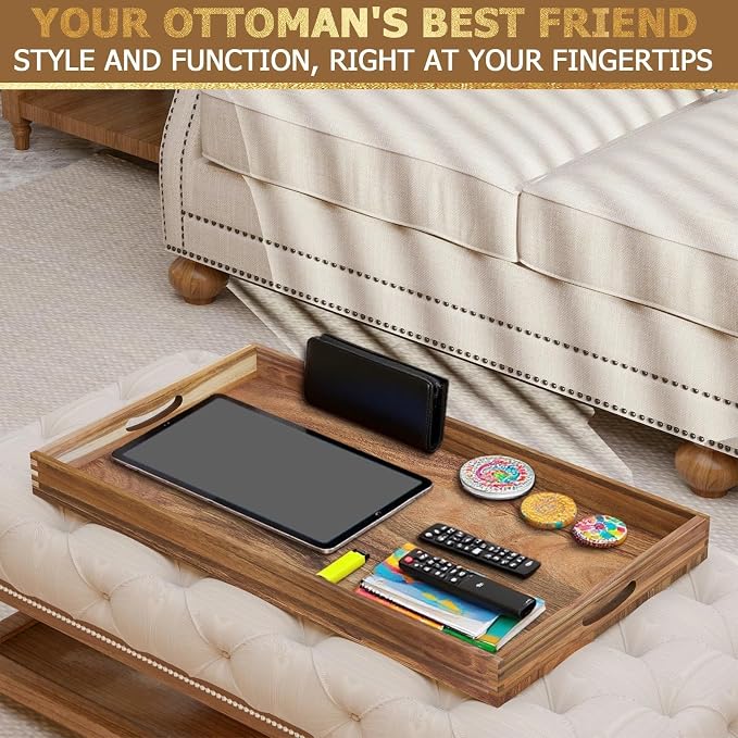 Extra Large Ottoman Tray, 32 x 18 inches Acacia Wood Serving Tray | Rectangle Wooden Decorative Tray with Handles, Oversized Coffee Table Tray, Serving Platter Tray for Living Room, Charcuterie