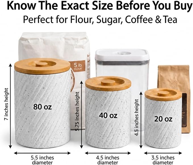 Flour Sugar Storage Containers - Ceramic Canister Set of 3 with Airtight Bamboo Lids for Kitchen Counter - 80, 40 & 20 oz, White