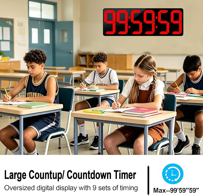 17.2" Bluetooth Digital Wall Clock with Seconds, Large Countdown Timer for Classroom Home Gym Kitchen Office, Alarm Clock with Remote Control, 4 Dimmable Brightness, Auto DST (Red)