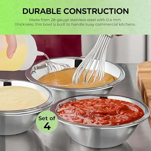 OCS Parts 4-Pack 1.5 Quart Stainless Steel Mixing Bowls | 8-Inch Stainless Steel Professional Grade Flat Base Mixing Bowls for Home and Commercial Kitchens | Dishwasher Safe
