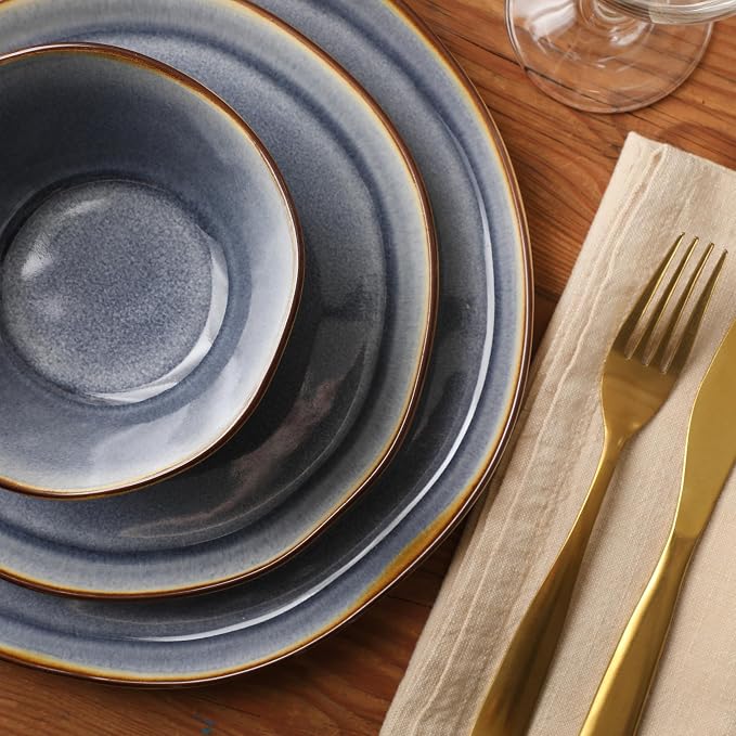 Gibson Elite Algeria River Plates and Bowls Sets, 12-Piece Stoneware Dinnerware Sets, Reactive Glaze Dish Set - Blue