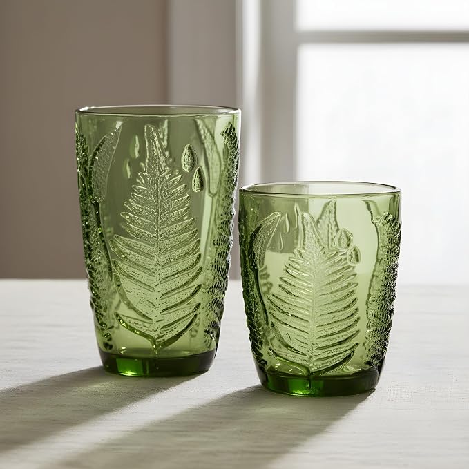 Green Drinking Glasses Set of 8 - 12 & 10 oz, Vintage Boho Fern Glass Cups | Hand-Pressed, Dishwasher Safe, Leaf-Textured Glassware, Colored Embossed Highball & Lowball Tumblers for Water, Retro Kitchen