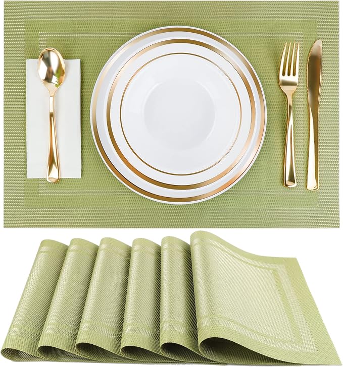Placemats,Table Place Mats for Kitchen Dining, Heat-Resistant Anti-Skid Stain Washable PVC Table Mats, Easy to Cleaning Woven Vinyl Dinner Mats (Green, 6 Pack)