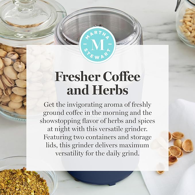 Martha Stewart Electric Coffee & Spice Grinder with Dual Bowls, Indigo Blue | Dual 2.5oz Removable Bowls for Coffee Beans, Nuts, Herbs & Spices, Stainless Steel Blade, One-Touch Pulse Control, Easy Clean