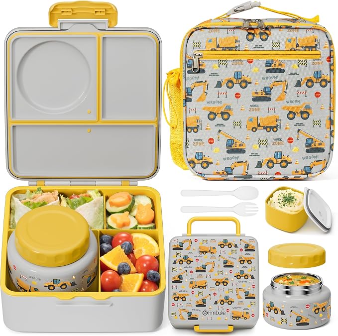 Fimibuke 60oz Kids Bento lunch Box with Insulated Lunch Bag & 8.5oz Thermo | Leakproof 3-4 Compartment Toddler Kids Lunch Box Food Container w/ Utensils, Sauce Cup for School Boys Girls, Dishwasher Safe