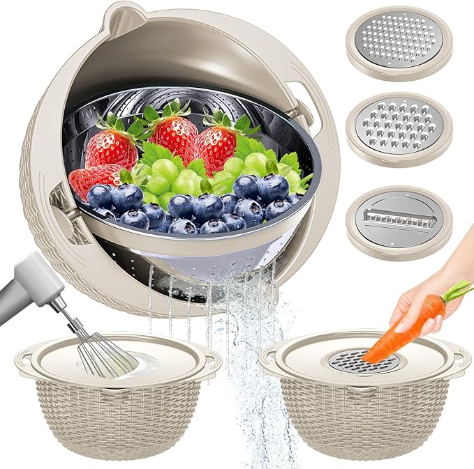 4-in-1 Colander with Bowl Set — Patented 360° Rotatable Strainer Bowl with 3 Graters, Snap-On Lid & Non-Slip Base, Funny Kitchen Present for Women, Aesthetic Pasta Fruit Vegetable Strainer (Beige)