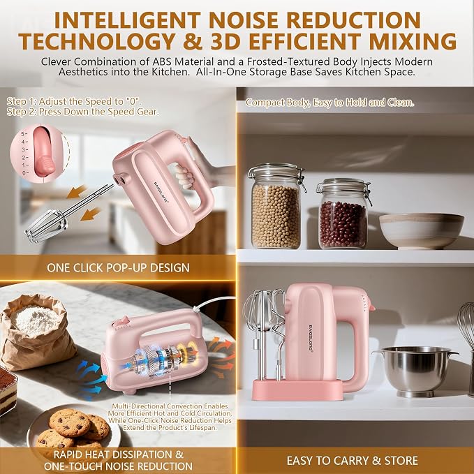 BAIGELONG Hand Electric Mixer, 5-Speed KitchenMixer with 5 * 304 Stainless Steel Attachments + Storage Base, Food Handheld Mixer for Baking, Whipping Cream, Cake Mixing, Pink