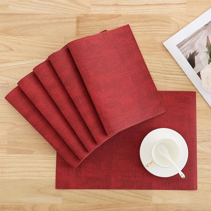 Homaxy PU Faux Leather Placemats for Dining Table, Set of 6, Red | Waterproof Wipeable Washable Table Mats, Easy to Clean Anti-Slip Place Mats, 11.8" x 17"
