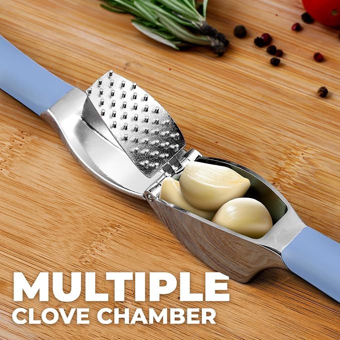 Zulay Kitchen Metal Comfort Grip Garlic Press | Garlic Mincer Tool - Garlic Crusher - Rust Proof Garlic Press, Ergonomic Handle, Easy Clean with Peeler and Brush - Baby Blue