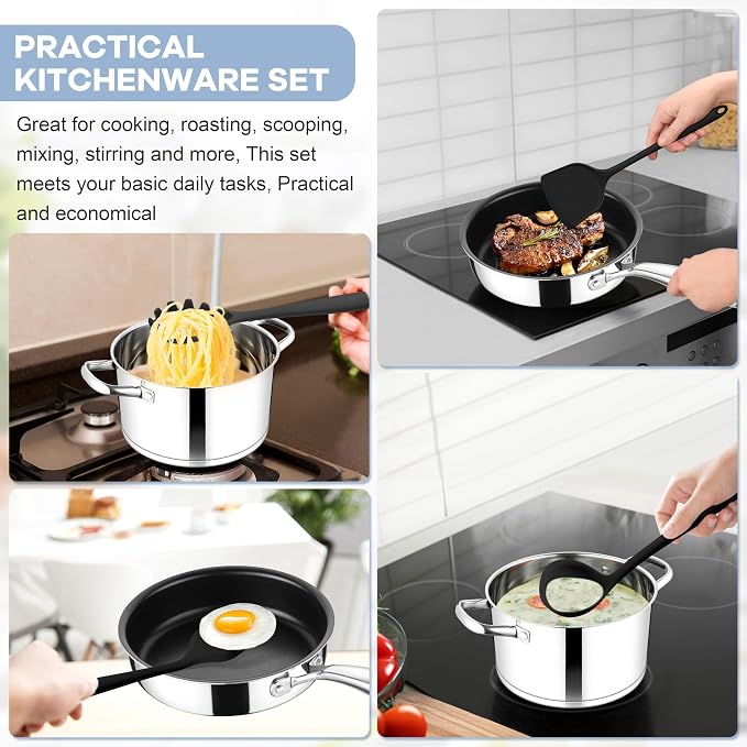 TeamFar Silicone Cooking Utensils Set, 8 PCS Kitchen Utensils Set, Black | 446°F Heat Resistant Turner, Spatula, Spoon, Whisk, Kitchen Cooking Gadgets Tools, for Nonstick Cookware, Dishwasher Safe