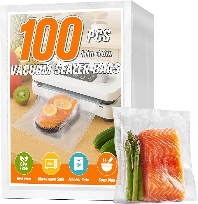 FUNFERY 100 Precut Gallon 11" x 16" BPA-Free Vacuum Sealer Bags for Food | Commercial-Grade Bags for Long-Term Food Storage, Microwave, Boiling, Sous Vide and Refrigerator Storage