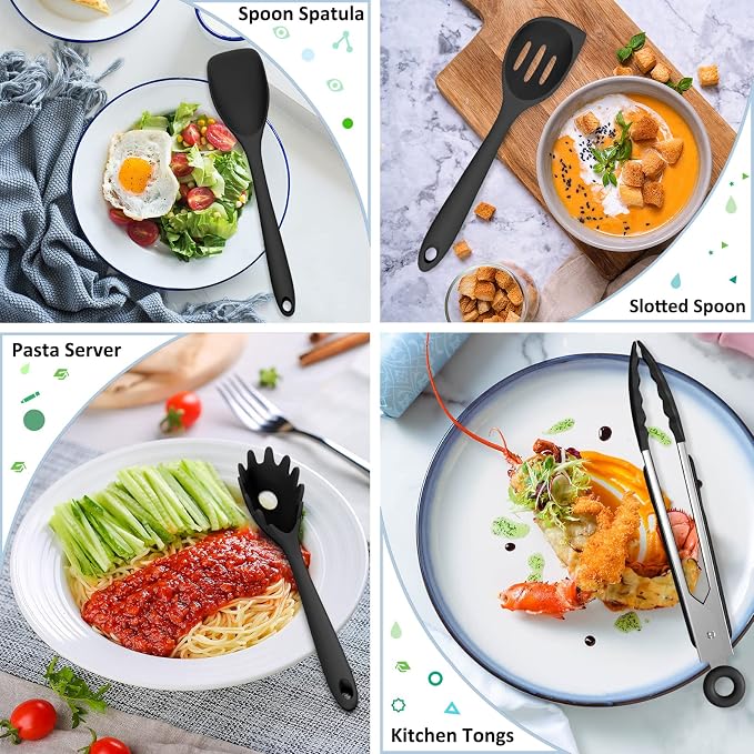 Silicone Kitchen Utensils Set, 16-Piece Silicone Cooking Utensils by Deedro | Heat Resistant Kitchen Tools Set with Holder, Nonstick Spatula Kitchen Gadgets for Cooking & Baking, Black