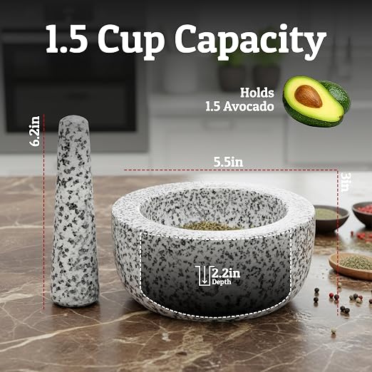 Heavy Duty Large 1.5 Cup Mortar and Pestle Set, 100% Natural Granite, 5.5 Inch Diameter Bowl, 6.2 Inch Pestle, Non-Slip Base, Stone Grinder for Guacamole Salsa Pesto Herbs Spices, White