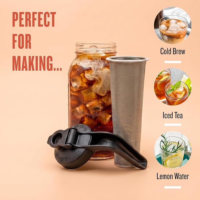 County Line Kitchen 64oz Cold Brew Coffee Maker with Leak Proof Lid - Black | Glass Cold Brew Coffee Maker - Wide Mouth Mason Jar, Stainless Steel Filter & Leak-Proof Lid (64 oz)