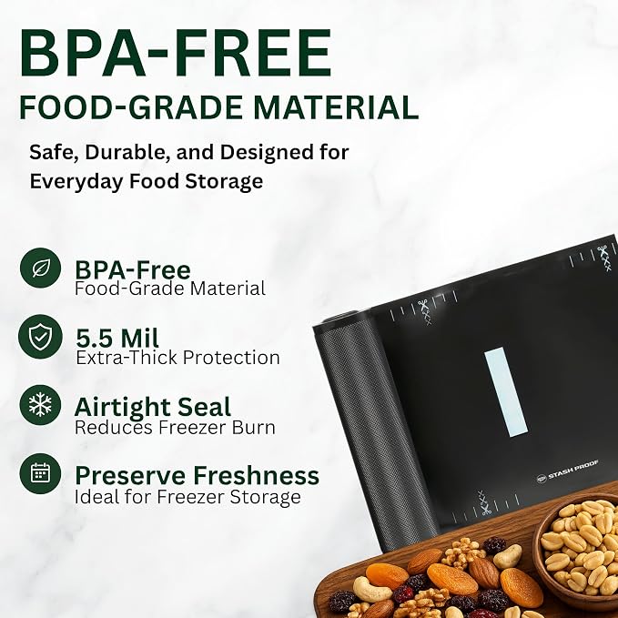 Vacuum Seal Rolls 11" x 25' 2 Pack (50 Feet Total) 5.5 Mil (Black & Black) BPA Free Heavy-Duty Commercial Grade Sealer Rolls for Food Storage, Sous Vide, Meal Prep, Freezer Storage & Food Preservation