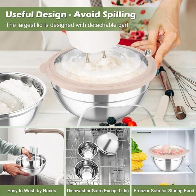 TeamFar Mixing Bowls, 3PCS Stainless Steel Serving Salad Bowls | with Lids & 3 Graters for Kitchen Mixing/Baking/Storing/Prepping, Visible & Airtight, Easy Clean - 4.5/3/1.5 QT, Khaki