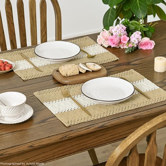 Artoid Mode Burlap Brown Farmhouse Rustic Placemats Set of 4,12x18 Inch Seasonal Hollow Table Mats Party Kitchen Dining Decoration