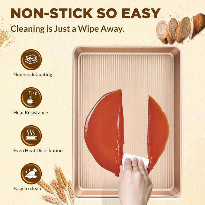 Saker 3-Piece Heavy Duty Carbon Steel Baking Sheets Set,Non-Stick Cookie | | Oven Safe, Even Heating, for Baking, Roasting, Cooking – Professional Grade (Champagne Gold)