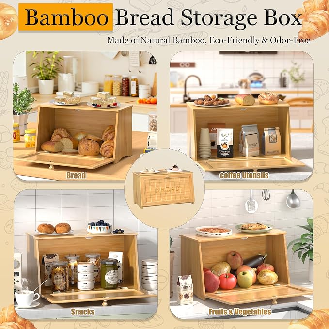 Vintage Bread Box for Kitchen Countertop, Retro Design Bread Storage Container, Farmhouse Wooden Counter Breadbox, Small Bamboo Bread Bin Holder for Homemade Bread, Natural