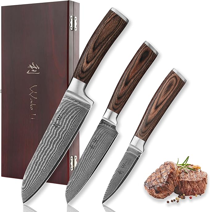 Wakoli EDIB 3-Piece Damascus Kitchen Knife Set in Wooden Gift Box | VG10 Core, 67-Layer Genuine Damascus Steel, 60 ± 2 HRC, Santoku, Utility and Paring Knife, Pakkawood Handles