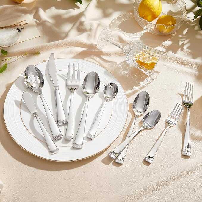 65-Piece Flatware Set, 18/10 Stainless Steel Utensil for 12 | Bead Edge Design, Mirror Polished Finish, Dishwasher Safe, Elegant Table Setting, Ideal for Daily Meals & Entertaining