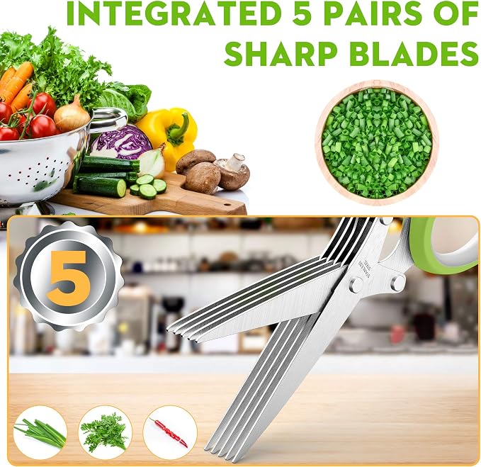 Herb Scissors with 5 Blades and Cover, Kitchen Herb Cutter with Cleaning Comb, Stainless Steel Multi Blade Herb Shears for Basil Parsley Cilantro, Easy Clean Cooking Tool, Unique Kitchen Gadgets Gift
