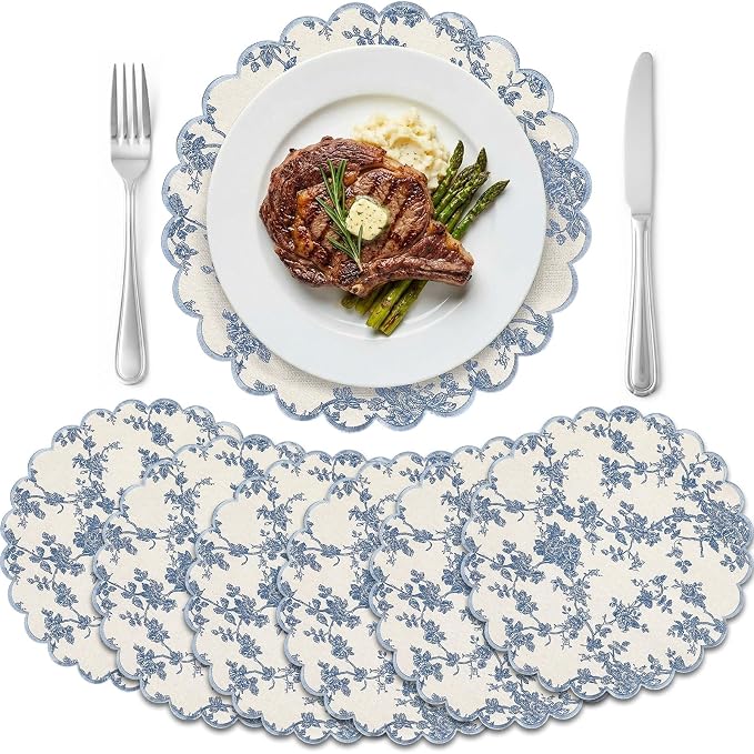 Set of 6 Blue Cotton Placemats 15" Round Scalloped Navy Blue | Double Layered Cotton Fabric, Washable Embroidery, Navy Blue Edge Edge, Rustic Table Mats for Wedding Dining Table Decor