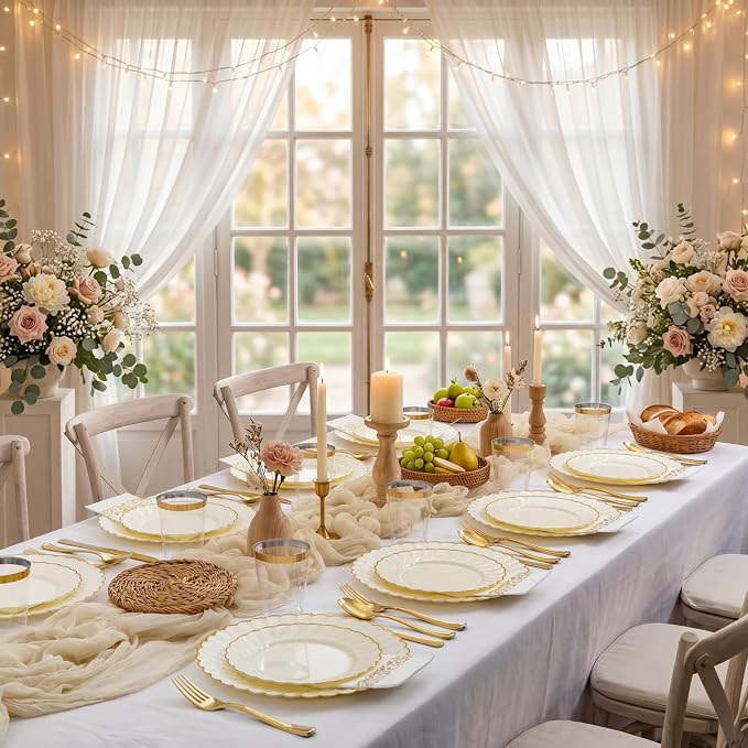 YOUBET 175PCS Ivory Scalloped Plastic Plates for Party Wedding | Ivory and Gold Disposable Dinnerware Set Include 50 Plates, 75 Gold Silverware, 25 Cups, 25 Napkins
