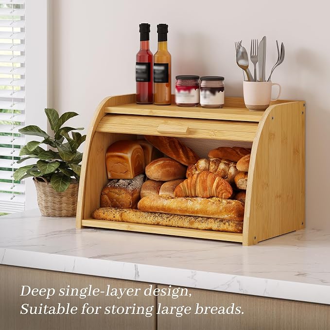 Kitsanery Bread Box for Kitchen Countertop, Bamboo Bread Storage, Double-Layer Roll-Top Bread Container, Farmhouse Bread Holder for Homemade Bread (Natural, single layer)