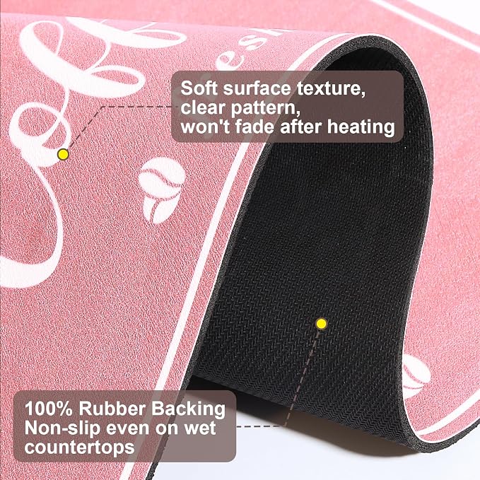 CooRug Fashion Coffee Mat, Dish Drying Mat 17" x 32" Pink | Hide Stain, Absorbent, Coffee Bar Accessories, Heat Resistant, Non-slip, Eco-friendly, Easy to Clean