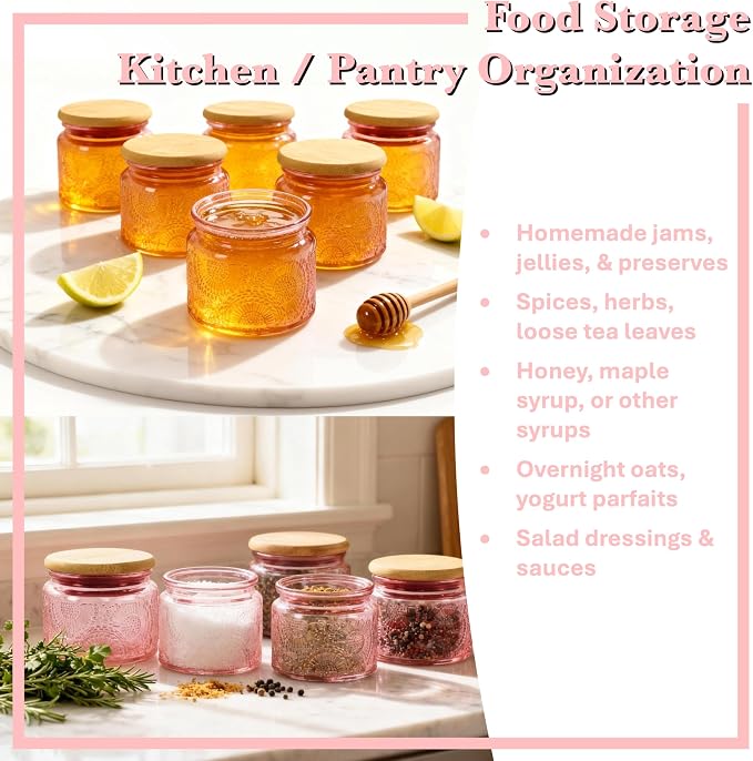 4 oz Decorative Small Glass Jars with Airtight Bamboo Lids, Pink 6 Pack | Vintage embossed color coated containers, kitchen pantry bathroom organization & decor, spices, DIY gifts, candle making