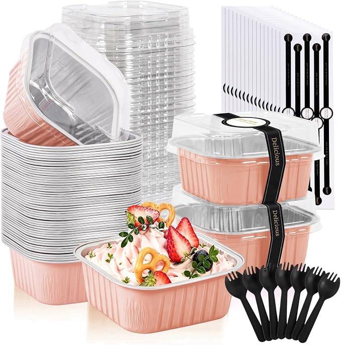 50 Pack Mini Cake Pans With Lids And Spoons,5oz Square Aluminum Foil Brownie Baking Cups,Small Cake Tins,Individual Cake Pans With Lids for Wedding Birthday Party (Champagne)