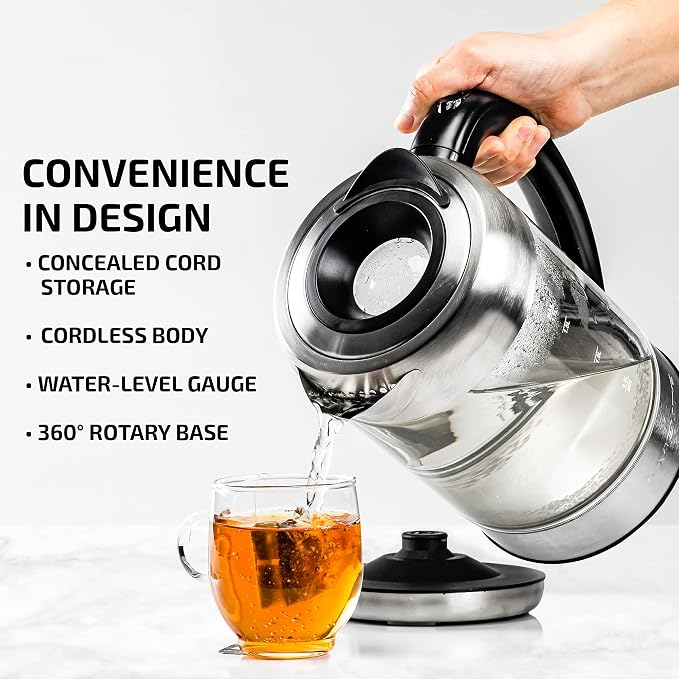 OVENTE 1.7L Glass Electric Kettle Water Boiler, Silver KG612S | 1500W Fast Boiling, Easy Fill Lid, Borosilicate Glass, Blue LED Light, BPA-Free, Auto Shut-Off, Boil-Dry Protection