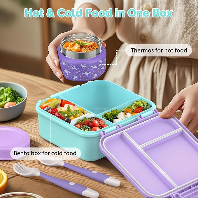 Kids Lunch Box Set with Bento Box, 9oz Stainless Steel Thermo & Insulated Lunch Bag – Hot & Cold Leakproof Lunch Container with Utensils for School & Travel