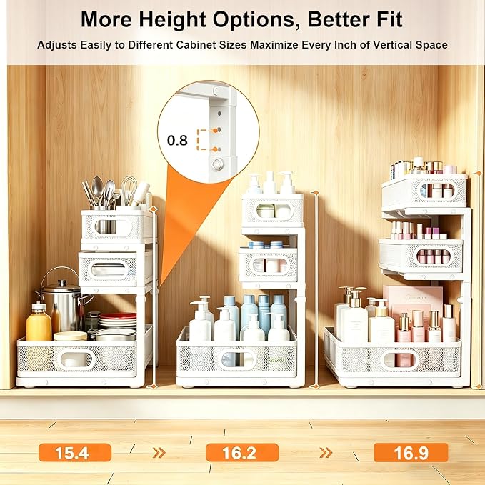 2 Pack Under Sink Organizer, 3-Tier Pull Out Kitchen Cabinet Organizer with 5 Adjustable Heights Metal Slide Out Bathroom Storage Makeup Drawer Rack for Bedroom Office Pantry Home Organization, White