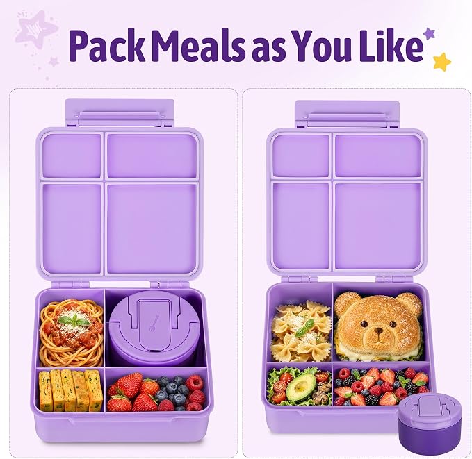 Bento Lunch Box Set for Kids with 8 oz Soup Thermo, Leakproof Hot Food Container with 4 Compartments, Insulated Food Jar for Toddler Daycare Boys Girls School - Purple