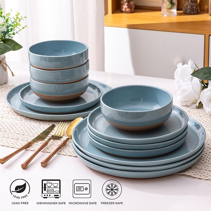 AmorArc Dinnerware Sets for 4, 12 Pieces Ceramic Plates and Bowls Set | Scratch Resistant Stoneware Dishes Set, Dishwasher & Microwave Safe, Stone Blue