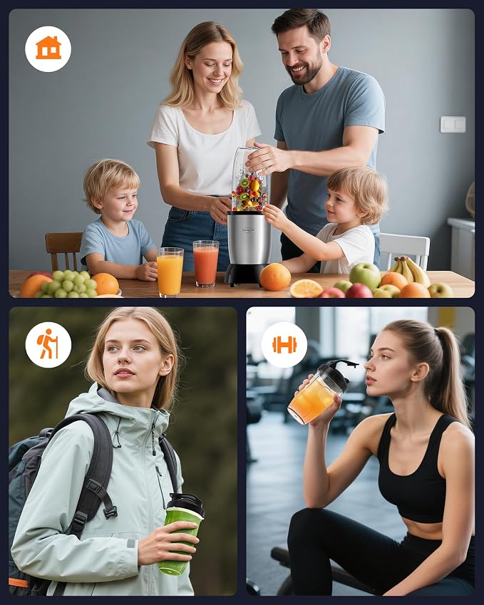 Sangcon 1000W Personal Smoothie Blender, Protein Shakes, Home & Gym, Silver | 37/32/22 oz BPA-Free To-Go Cups with 8-Leaf Blade and Flat 2-Blade Grinder: Ice, Sauces, Coffee, Nuts, Grains, Seeds, Spices