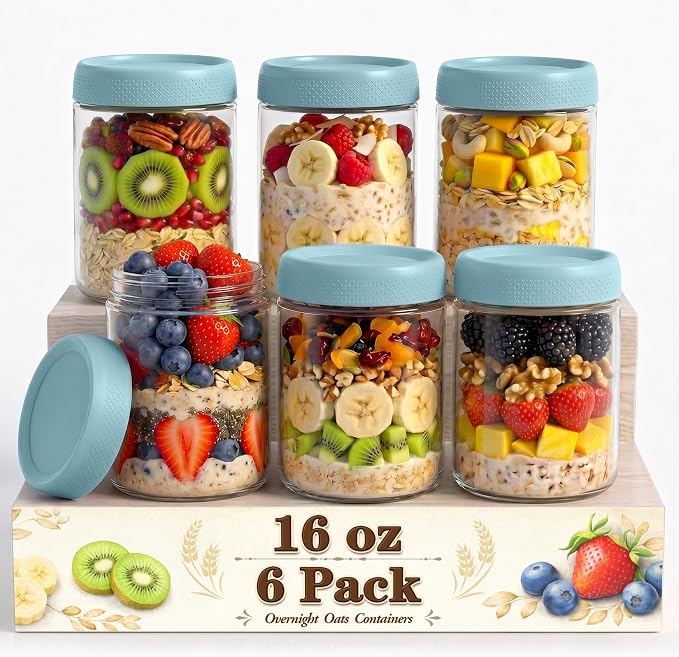 16 oz Glass Jars with Airtight Lid, Overnight Oats Container, Mason Jars | 6 Pack Parfait Cup With Lids for Breakfast, Clear Glass Jars for Storage, Sugar, Prep Meal, Food, Pudding, Spices, Blue