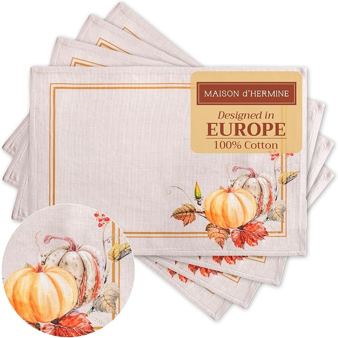 Maison d' Hermine Placemats Set of 4 Reusable 100% Cotton (13"x19") | Cloth Place Mats Washable Table Mats for Kitchen Dining Party Wedding Hotel Home Thanksgiving Christmas - Potiron
