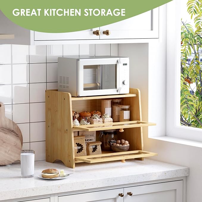 Double Layer Bread Box Container for Kitchen Countertop Homemade Bread | Large Breadbox Storage Wooden Farmhouse Bread Holder (Bamboo, Medim-15.7" L x 9.5" W x 13" H)