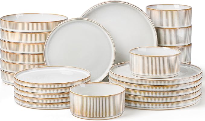 LIANYU 24 Piece Stoneware Plates and Bowls Dishes Set for 6, Dinnerware Sets with Pasta Bowls, Ribbed Dining Ware Dishware for Home Wedding, Microwave and Dishwasher Safe, Dawn Beige