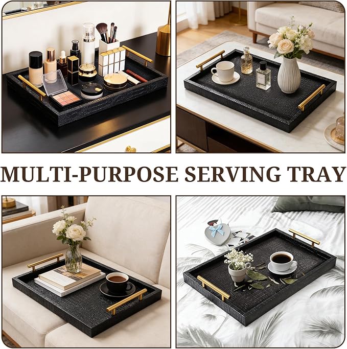 SXNOWS Faux Leather Serving Tray with Gold Handles, Black | 17x12 in Rectangle Decorative Tray, Perfect for Ottoman Coffee Table Kitchen Bar, Stylish Gift for Home Decor