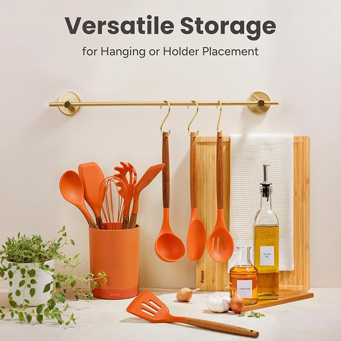 SMIRLY Silicone Kitchen Utensils Set, 22-Piece Acacia Wood Handle, Orange | Cooking Utensils Set, Spatula Set with Utensils Holder, for Nonstick Cookware, for New Home & 1st Apartmen, BPA Free