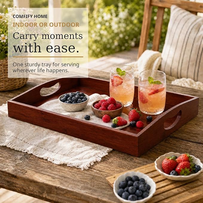 Comfify Dark Brown Bamboo Serving Trays Set of 3 – Nesting Ottoman Trays | Dark-stained bamboo with walnut tones; cutout handles; for coffee table, bar and bedroom dresser; S: 12", M: 14.5", L: 16.25"