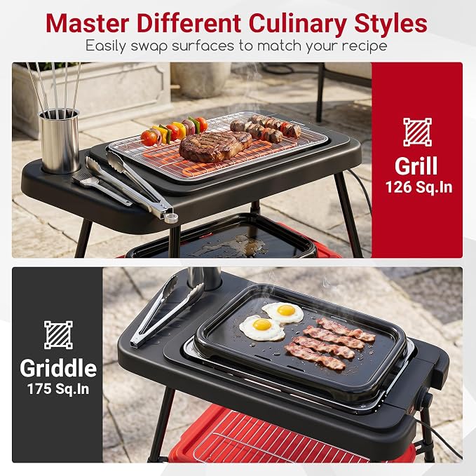 Giantex 2-in-1 Electric Grill and Griddle Indoor Outdoor | Portable Low-Smoke BBQ Grill with Adjustable Stand, Grease Tray, Tabletop or Freestanding, for Picnic Camping Backyard, 1500W