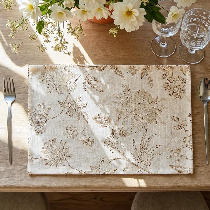 JINCHAN Sliva Linen Floral Placemats Set of 4 Farmhouse 13x19 Inch Taupe | Fabric Placemats, Cottage Style, Painterly Floral Pattern, Machine Washable, Easy to Store, Reusable