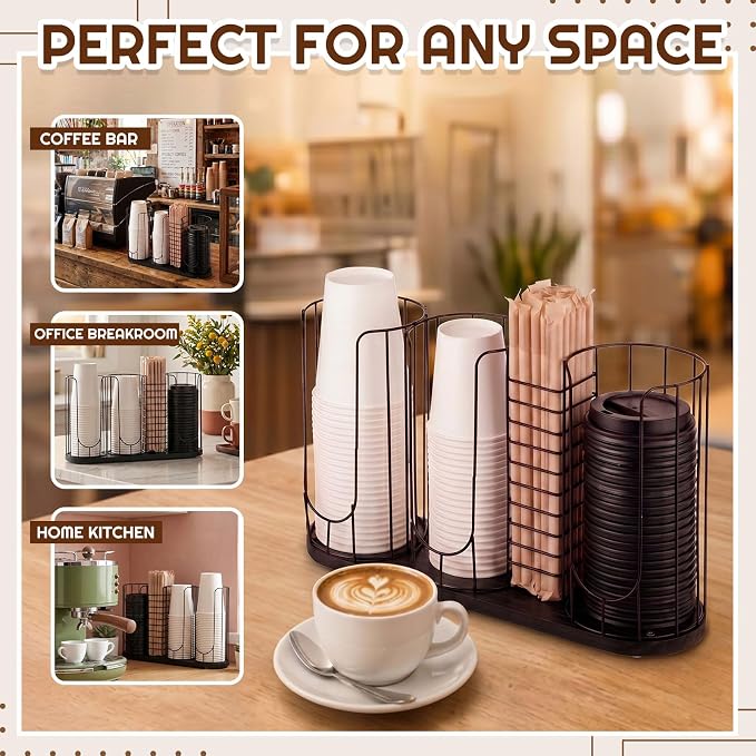 18oz Adjustable Coffee Cup Dispenser with Wooden Base, Cup and Lid Holder, Cups Holder Organizer for Coffee Pod Straw and Lid Storage(4-compartment Single,Color 7)