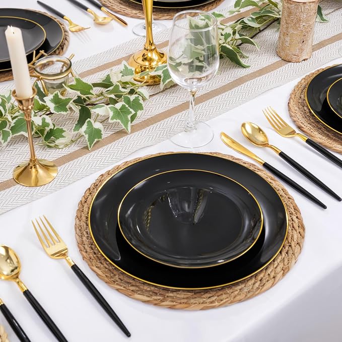 DaYammi 150Pcs Black Plastic Plates with Gold Silverware,Black Disposable Plates Set Included 30 Dinner Plate,30 Dessert plate,30 Knives,30 Forks,30 Spoons,black and gold plates for Party Wedding