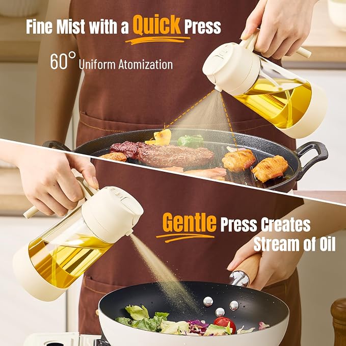 PARACITY Oil Sprayer for Cooking, 2 in 1 Oil Dispenser Bottle, 2-Pack White | Each 16 oz glass bottle has a wide mouth and silicone bottom for spraying or pouring oil during cooking, BBQs and salads
